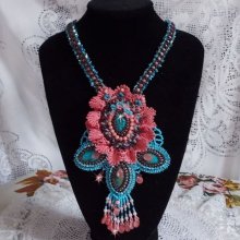 Naïade Haute-Couture necklace created with turquoise cabochons, PureCrystal crystals, lace and various beads